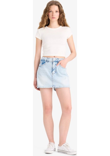 Yüksek Bel Yıkamalı Cepli Jean Şort Etek E0566AX25SM