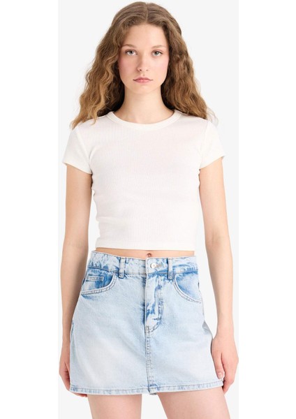 Yüksek Bel Yıkamalı Cepli Jean Şort Etek E0566AX25SM