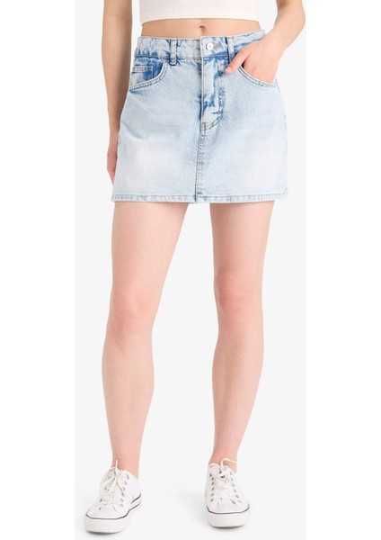 Yüksek Bel Yıkamalı Cepli Jean Şort Etek E0566AX25SM