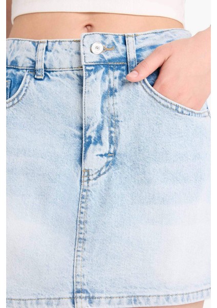 Yüksek Bel Yıkamalı Cepli Jean Şort Etek E0566AX25SM