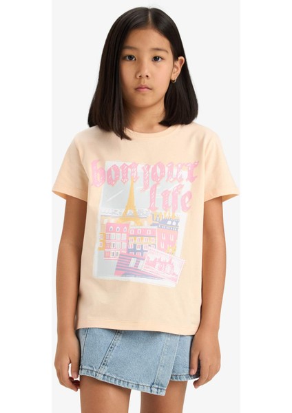 Kız Çocuk Bisiklet Yaka Anime Baskılı Kısa Kollu Tişört