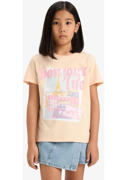 Kız Çocuk Bisiklet Yaka Anime Baskılı Kısa Kollu Tişört