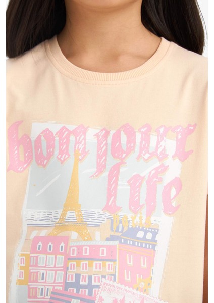 Kız Çocuk Bisiklet Yaka Anime Baskılı Kısa Kollu Tişört