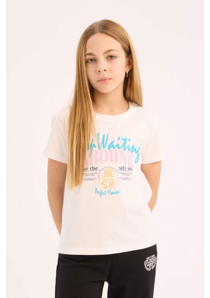 Kız Çocuk Bisiklet Yaka Baskılı Kısa Kollu Tişört E0351A825SM