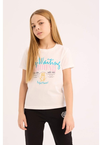 Kız Çocuk Bisiklet Yaka Baskılı Kısa Kollu Tişört E0351A825SM