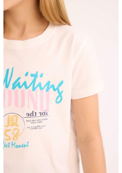 Kız Çocuk Bisiklet Yaka Baskılı Kısa Kollu Tişört E0351A825SM