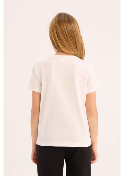 Kız Çocuk Bisiklet Yaka Baskılı Kısa Kollu Tişört E0351A825SM