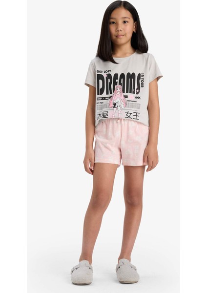Kız Çocuk Pijama Takımı Baskılı Kısa Kollu Üst Desenli Şort E0545A825HS