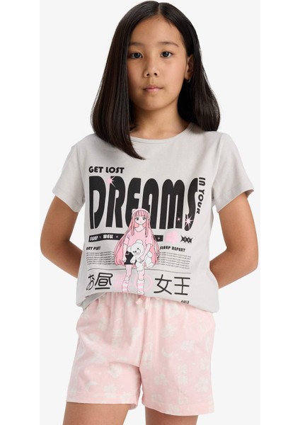 Kız Çocuk Pijama Takımı Baskılı Kısa Kollu Üst Desenli Şort E0545A825HS