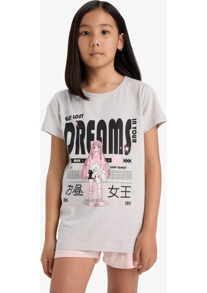 Kız Çocuk Pijama Takımı Baskılı Kısa Kollu Üst Desenli Şort E0545A825HS