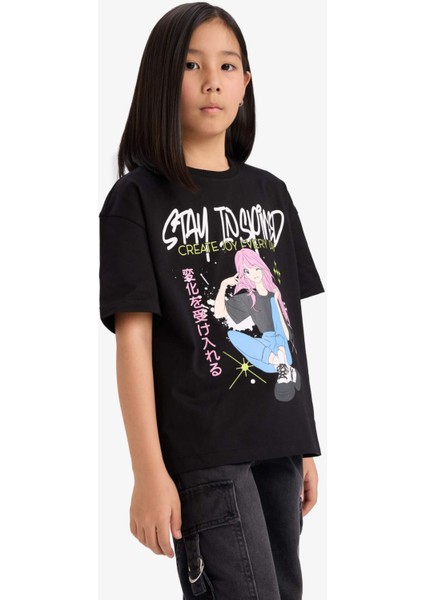 Kız Çocuk Oversize Geniş Kalıp Bisiklet Yaka Baskılı Kısa Kollu Tişört E0356A825SM