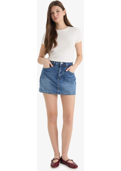 Yüksek Bel Jean Şort Etek E0567AX25SM