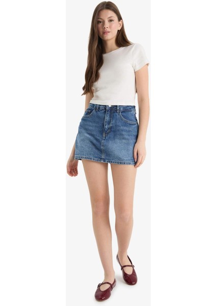 Yüksek Bel Jean Şort Etek E0567AX25SM