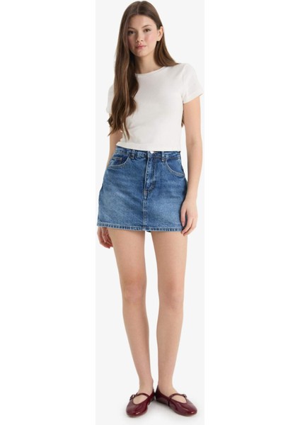 Yüksek Bel Jean Şort Etek E0567AX25SM