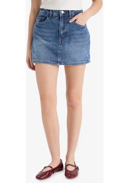 Yüksek Bel Jean Şort Etek E0567AX25SM