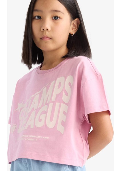 Kız Çocuk Bisiklet Yaka Baskılı Kısa Kollu Tişört E0352A825SM