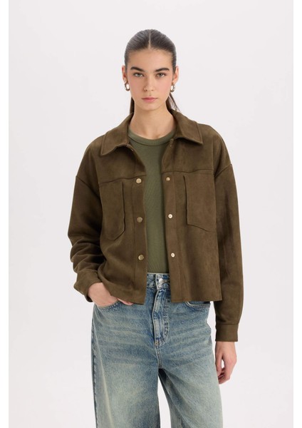 Crop Çıtçıtlı Cepli Süet Gömlek Ceket B2983AX24WN