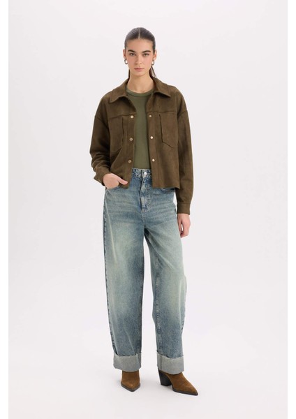 Crop Çıtçıtlı Cepli Süet Gömlek Ceket B2983AX24WN