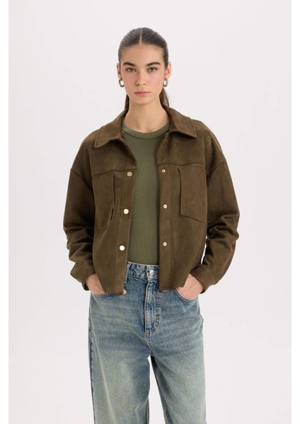 Crop Çıtçıtlı Cepli Süet Gömlek Ceket B2983AX24WN