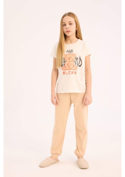 Kız Çocuk Pijama Takımı Baskılı Kısa Kollu Üst Beli Lastikli Uzun Alt E0543A825SM