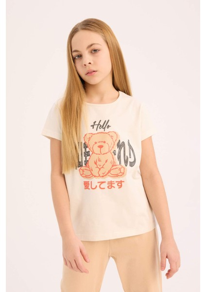 Kız Çocuk Pijama Takımı Baskılı Kısa Kollu Üst Beli Lastikli Uzun Alt E0543A825SM