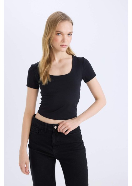 Fitted U Yaka Kısa Kollu Siyah Tişört C6102AX25SM