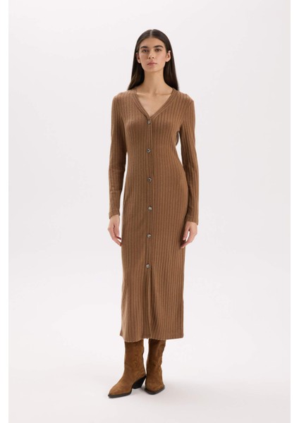 Bodycon Vücudu Saran Basic Düz V Yaka Düğmeli Fitilli Kaşkorse Midi Uzun Kollu Elbise B3261AX24WN