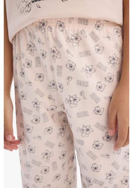 Kız Çocuk Pijama Takımı Baskılı Kısa Kollu Üst Beli Lastikli Uzun Alt E0542A825SM