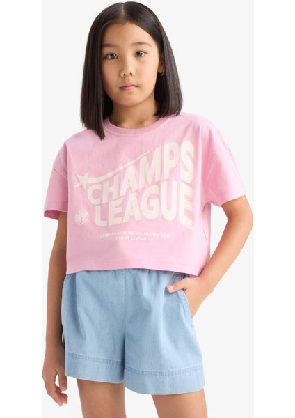 Kız Çocuk Bisiklet Yaka Baskılı Kısa Kollu Tişört E0352A825SM