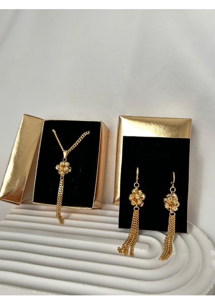Altın Kaplama Kolye Küpe Seti Şık Göz Alıcı Set Bayramlık Davetler Için Eşe Anneye Hediye Kutulu