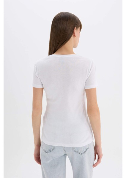 Slim Fit Dar Kesim V Yaka Basic Düz Ribana Kısa Kollu Tişört