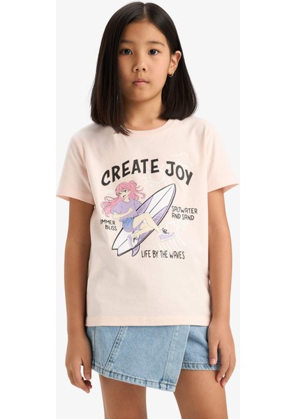 Kız Çocuk Bisiklet Yaka Anime Baskılı Kısa Kollu Tişört E0350A825SM