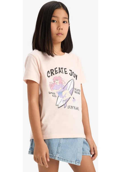 Kız Çocuk Bisiklet Yaka Anime Baskılı Kısa Kollu Tişört E0350A825SM