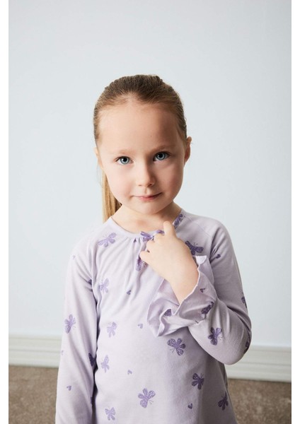 Kız Bebek Pijama Takımı Penye Kelebek Desenli Uzun Kollu Üst Beli Lastikli Uzun Alt D9074A525SP