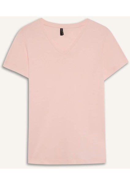 Slim Fit Dar Kesim V Yaka Basic Düz Ribana Kısa Kollu Tişört I1080AZ25SP