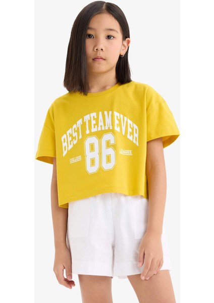 Kız Çocuk Bisiklet Yaka Baskılı Kısa Kollu Tişört E0352A825SM