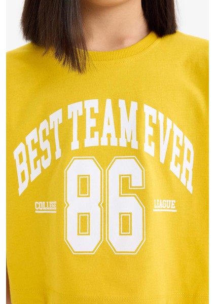 Kız Çocuk Bisiklet Yaka Baskılı Kısa Kollu Tişört E0352A825SM