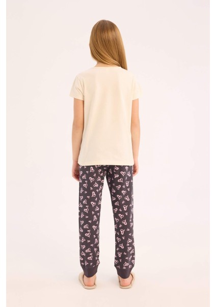 Kız Çocuk Pijama Takımı Bisiklet Yaka Baskılı Kısa Kollu Üst Beli Lastikli Desenli Alt E0538A825SM