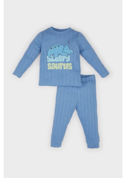 Erkek Bebek Pijama Takımı Fitilli Kaşkorse Dinozor Baskılı Uzun Kollu Üst Beli Lastikli Uzun Alt