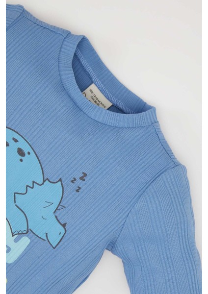 Erkek Bebek Pijama Takımı Fitilli Kaşkorse Dinozor Baskılı Uzun Kollu Üst Beli Lastikli Uzun Alt