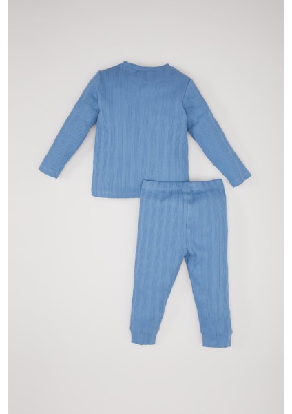 Erkek Bebek Pijama Takımı Fitilli Kaşkorse Dinozor Baskılı Uzun Kollu Üst Beli Lastikli Uzun Alt