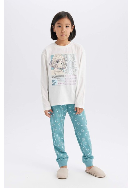 Kız Çocuk Pijama Takımı Uzun Kollu Üst Beli Lastikli Uzun Alt