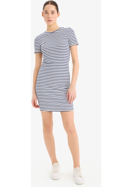 Coool Bodycon Vücudu Saran Bisiklet Yaka Çizgili Fitilli Kaşkorse Kısa Kollu Mini Elbise C1733AX25SP