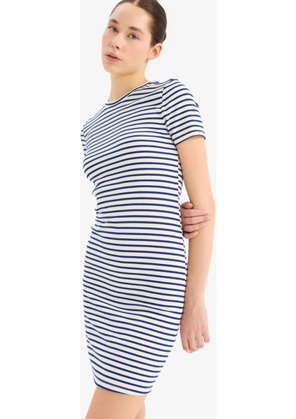 Coool Bodycon Vücudu Saran Bisiklet Yaka Çizgili Fitilli Kaşkorse Kısa Kollu Mini Elbise C1733AX25SP