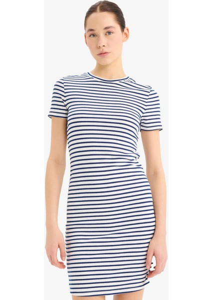 Coool Bodycon Vücudu Saran Bisiklet Yaka Çizgili Fitilli Kaşkorse Kısa Kollu Mini Elbise C1733AX25SP