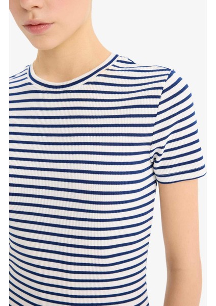 Coool Bodycon Vücudu Saran Bisiklet Yaka Çizgili Fitilli Kaşkorse Kısa Kollu Mini Elbise C1733AX25SP