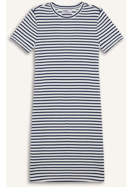 Coool Bodycon Vücudu Saran Bisiklet Yaka Çizgili Fitilli Kaşkorse Kısa Kollu Mini Elbise C1733AX25SP