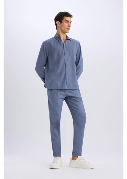 %100 Keten Normal Kesim Crop Duble Paça Yazlık Kumaş Pantolon C1826AX25SM