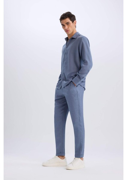 %100 Keten Normal Kesim Crop Duble Paça Yazlık Kumaş Pantolon C1826AX25SM