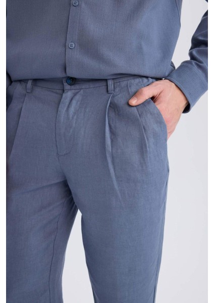 %100 Keten Normal Kesim Crop Duble Paça Yazlık Kumaş Pantolon C1826AX25SM